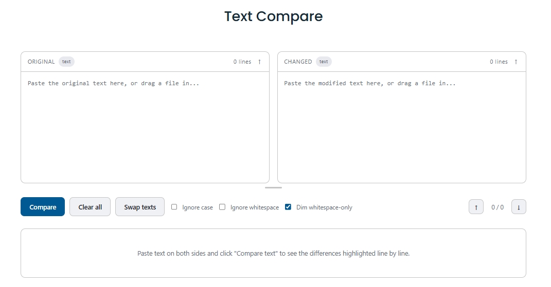 Free online diff checker comparing two text documents side by side with highlighted changes